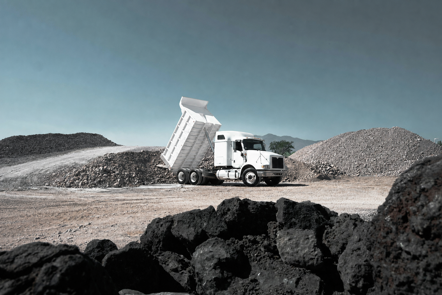 All-white dump truck unloading construction material