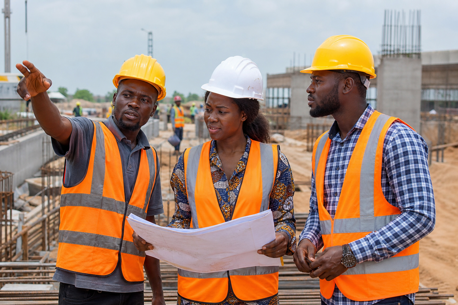 Nigerian construction workers coordinating on site