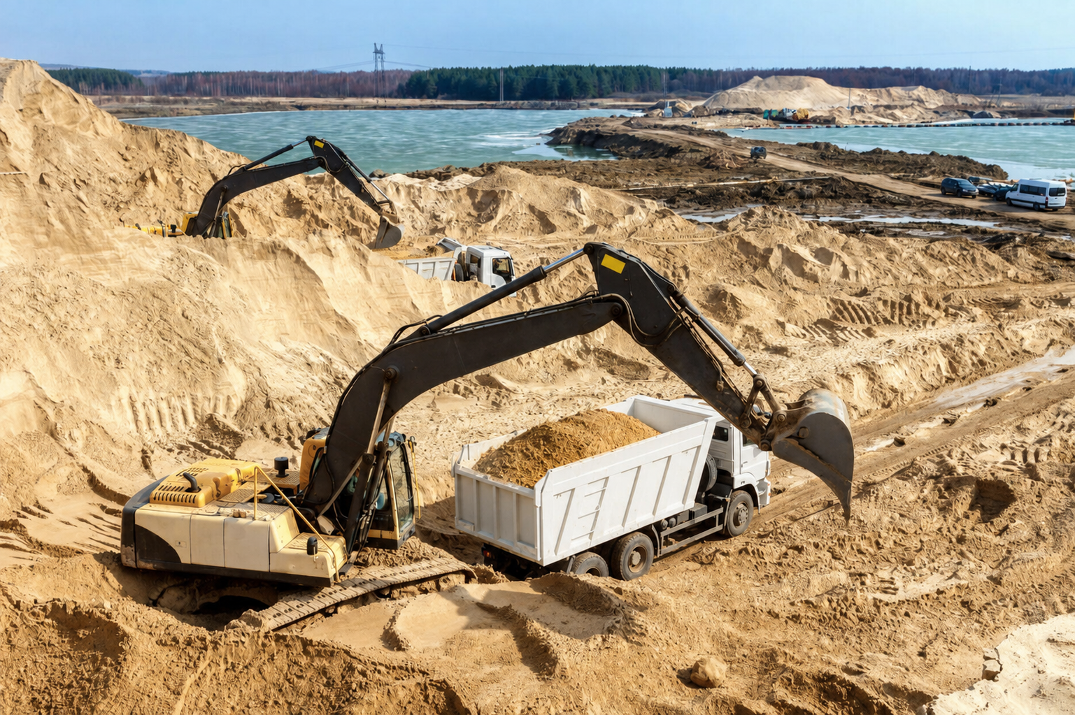 Excavator loading sand into a white dump truck